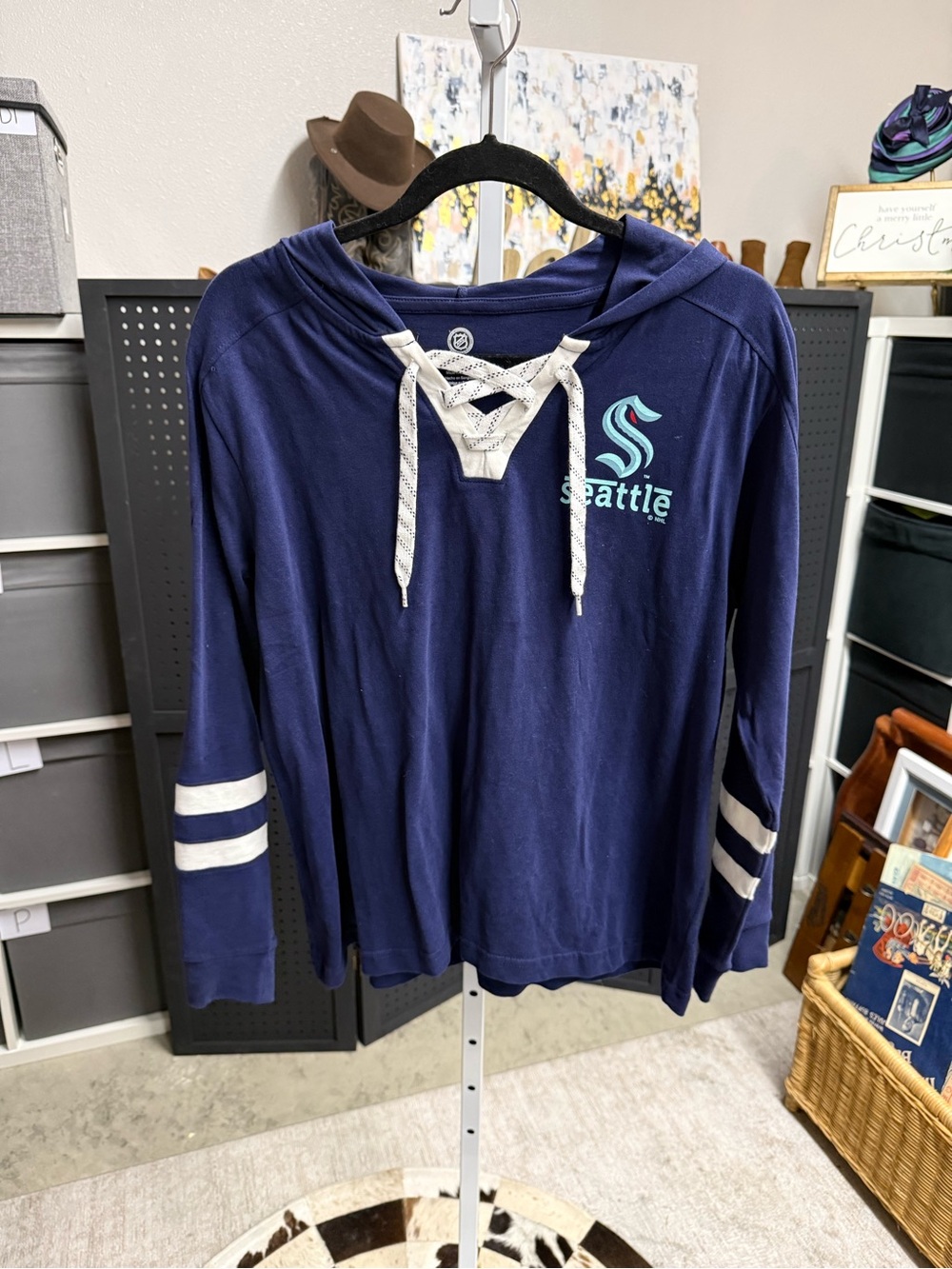 Seattle Kraken Navy Lace-Up Hoodie with White Stripes